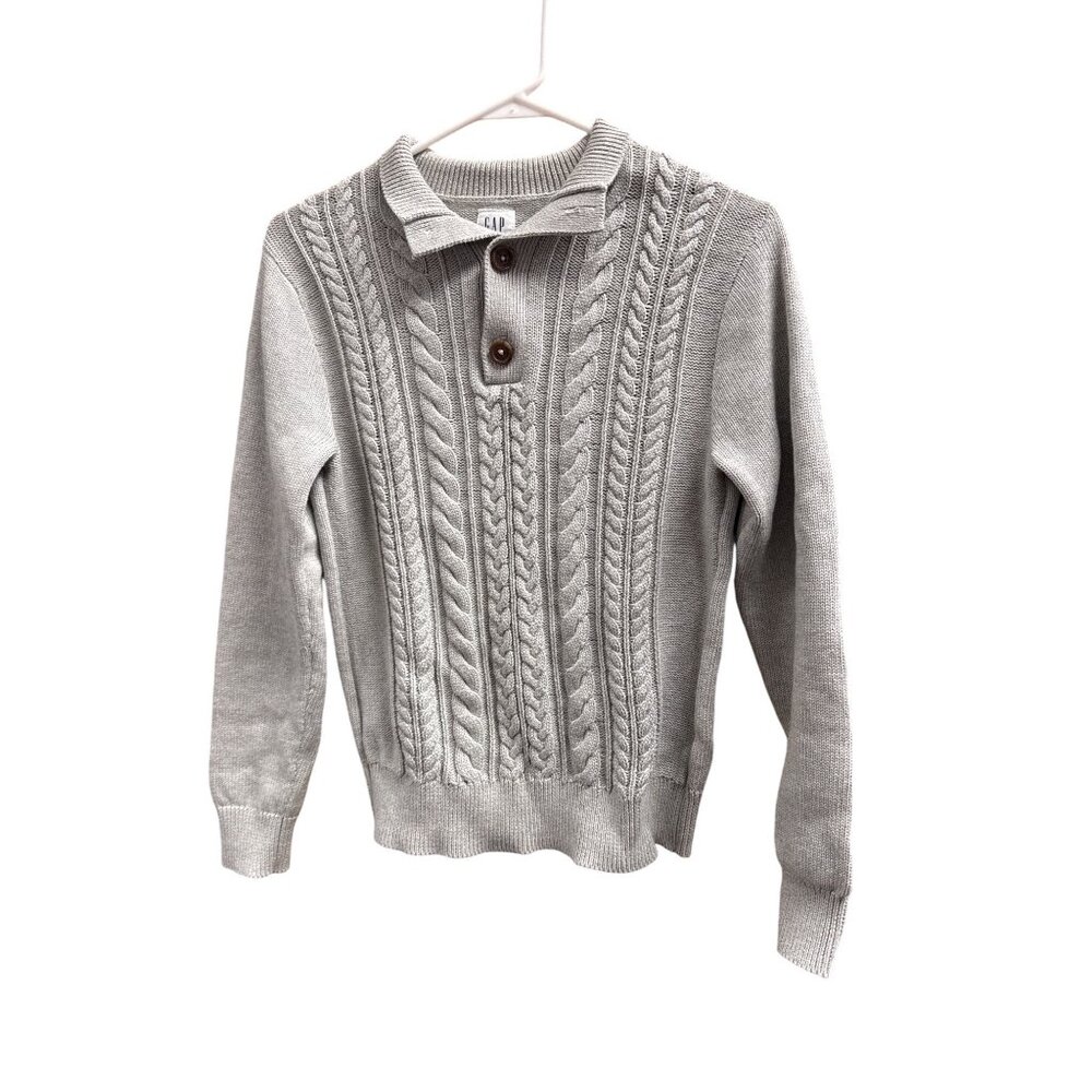 Gap Kids XL 14/16 Gray Cable Knit Cotton Pullover Sweater With Button Collar